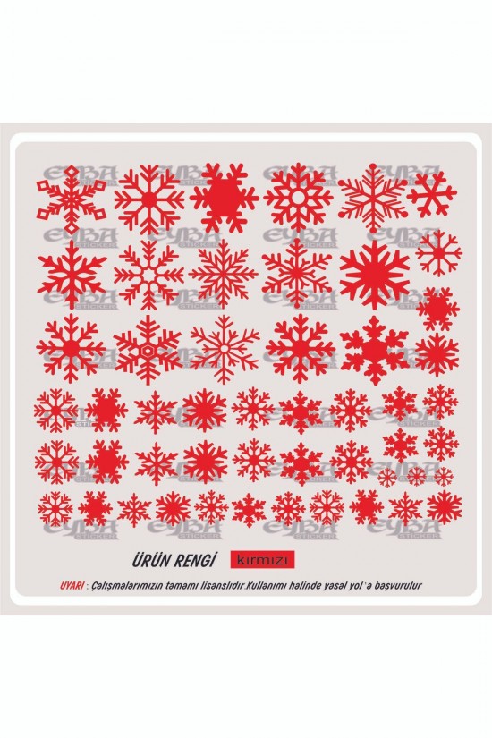 50adet beyaz kar tanesi Karışık çeşitlerde toplam boyut 50x40cm Düz zeminlere uygulanır. ; Uygulayacağınız zeminin temiz ve kuru olmasına özen gösteriniz. ; Dayanıklı malzemeden üretilmiştir.;