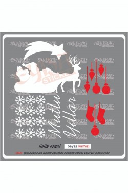 noel baba geyikler mutlu yıllar kar çorabı kırmızı beyaz yılbaşı sticker süs cam kar tanesi