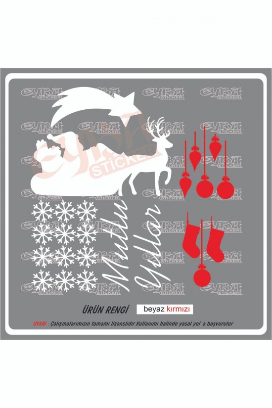 ürünün ölçüsü:12 adet beyaz kar tanesi 6x6 cm / beyaz noel baba geyikler 37x28 / beyaz mutlu yıllar 24x18 / kırmızı karışık modeller 8 adet 23x20 cm dir beyaz renk yerine siyah da basarız lütfen bilgi veriniz Paket İçeriği Ürününüz kargoda zarar görmemesi