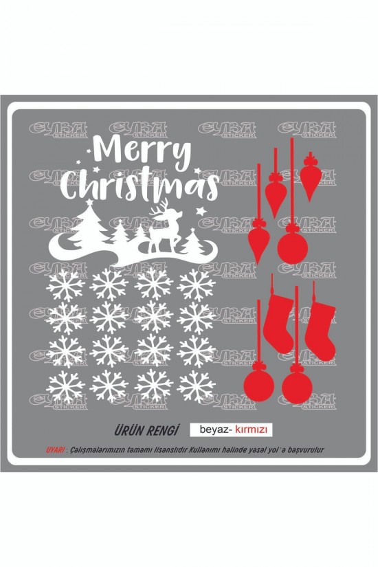 yavru ceylan doğa mutlu yıllar kar çorabı kırmızı beyaz yılbaşı sticker süs cam kar tanesi