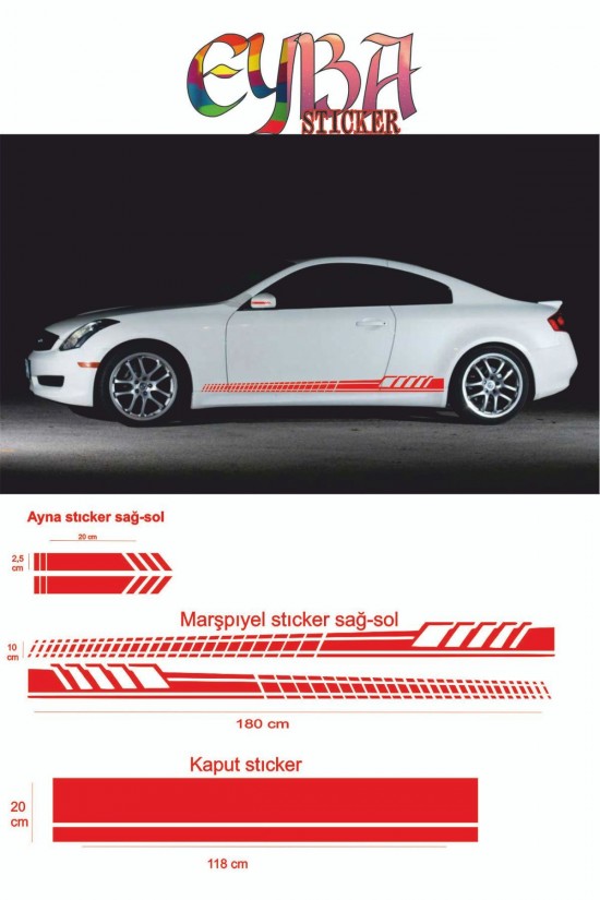 Marşpiyel,kaput,yan Ayna Oto Sticker - Araba Sticker - 5 Parça- 180x10 Cm,118x20cm,20x2,5cm Sport2
