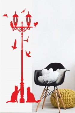 Sokak Lambası Kuşlar Ve Kediler Duvar Sticker - Home Sticker - Duvar Sticker 115x50