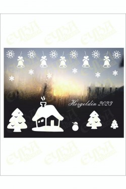 Yılbaşı Kardan Adam Ev Temalı Sticker Seti Beyaz Büyük Boy 23 Parça - 42 Cm Yazı Özelleştirilebilir