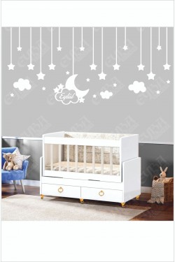 Bebek Odası Çocuk Odası Sticker 65 Parça Kişiye Özel Isimli Ay Yıldız Bulut Sticker