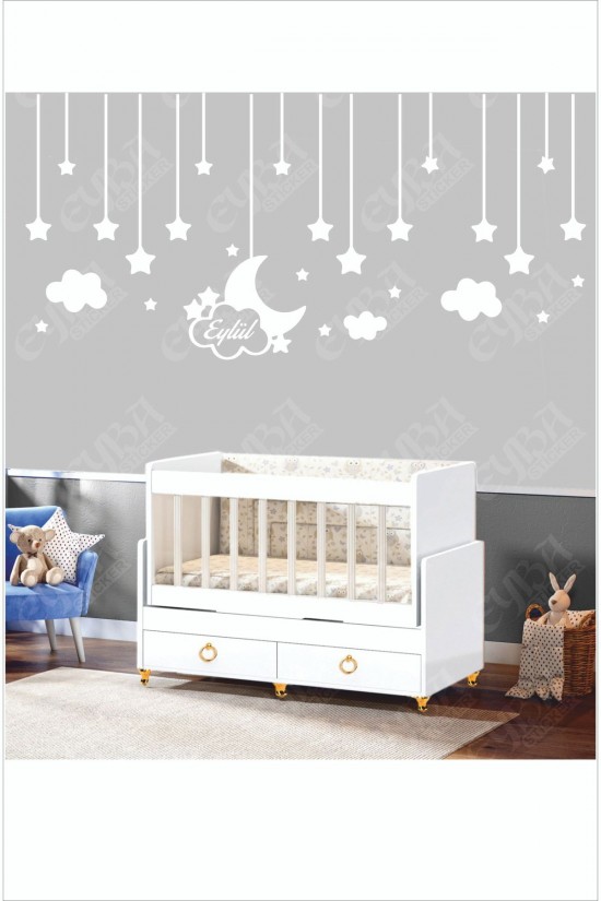 Bebek Odası Çocuk Odası Sticker 65 Parça Kişiye Özel Isimli Ay Yıldız Bulut Sticker