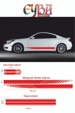Marşpiyel,kaput,yan Ayna Oto Sticker - Araba Sticker - 5 Parça- 180x10 Cm,90x20cm,20x2,5cm Sport 3