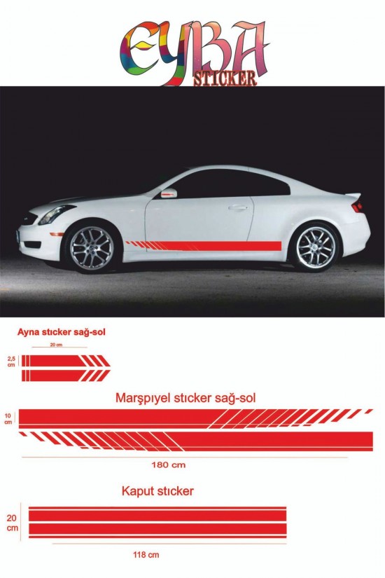 Marşpiyel,kaput,yan Ayna Oto Sticker - Araba Sticker - 5 Parça- 180x10 Cm,90x20cm,20x2,5cm Sport 3