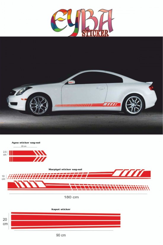 Marşpiyel,kaput,yan Ayna Oto Sticker - Araba Sticker - 5 Parça- 180x10 Cm,90x20cm,20x2,5cm Sport1