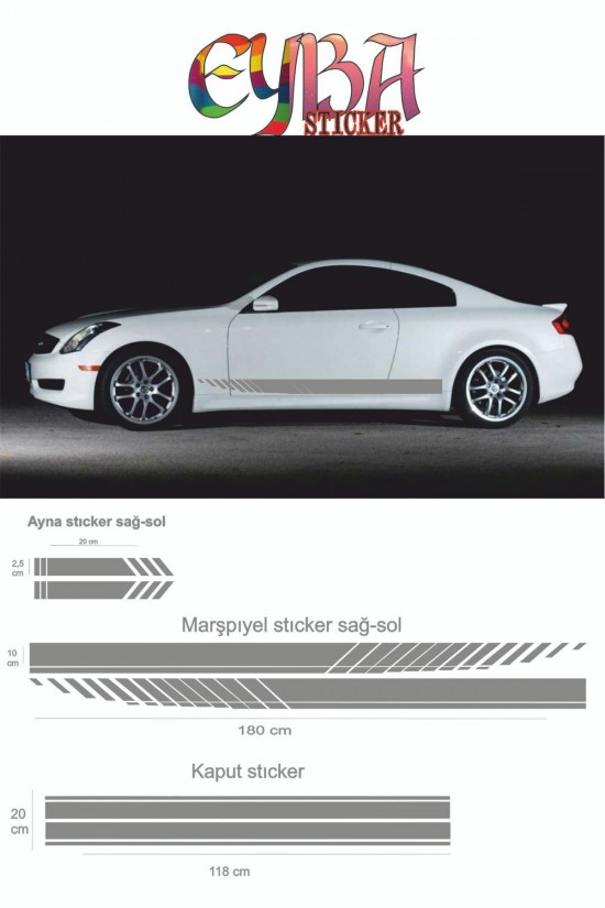 Marşpiyel,kaput,yan Ayna Oto Sticker - Araba Sticker - 5 Parça- 180x10 Cm,90x20cm,20x2,5cm Sport 3