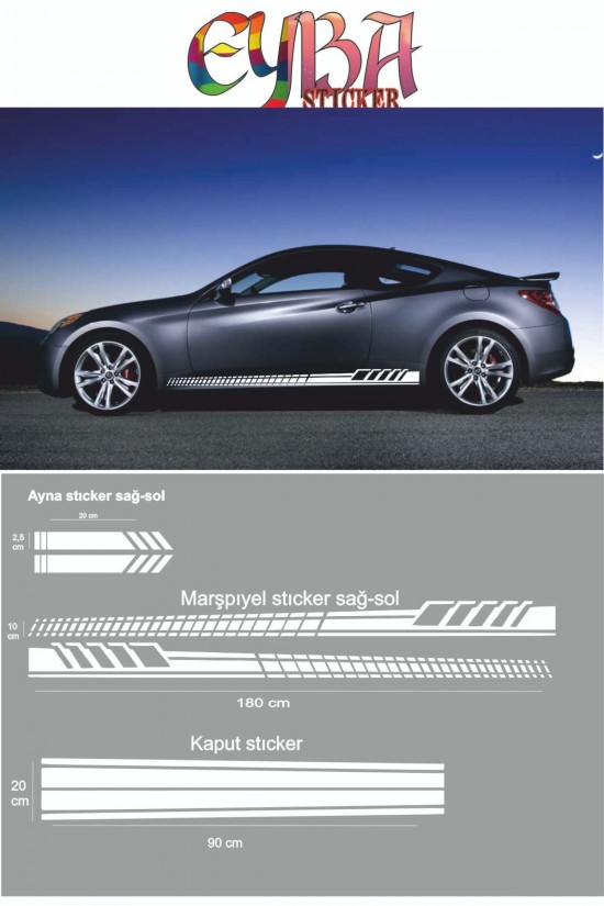 Marşpiyel,kaput,yan Ayna Oto Sticker - Araba Sticker - 5 Parça- 180x10 Cm,90x20cm,20x2,5cm Sport1