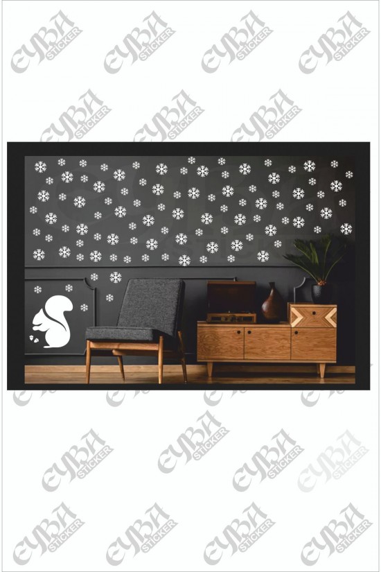100 Adet Kar Tanesi 8 Ve 4 Cm 40x30 Cm Sincap Sticker - Duvar Dekorasyonu