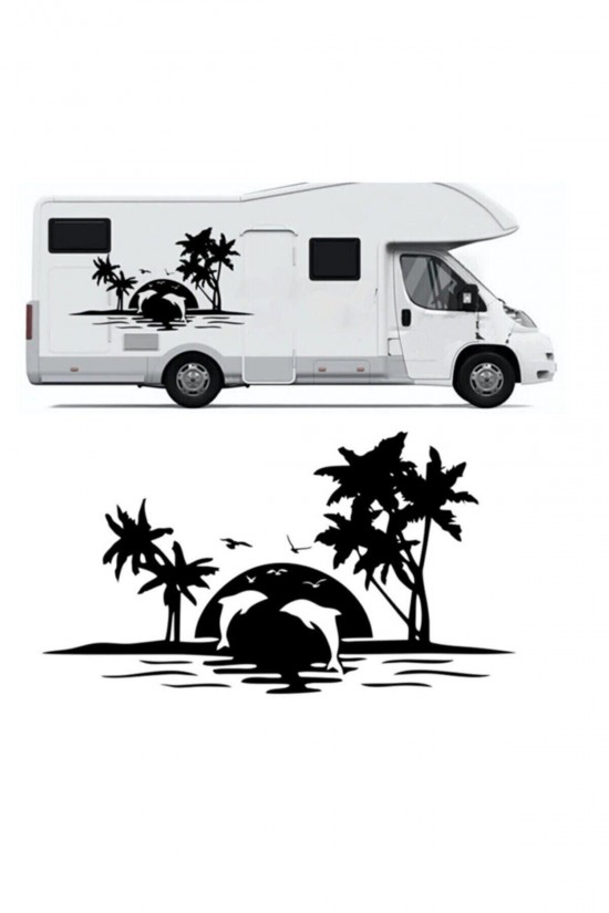 Palmiye Ve Yunuslar Kamp, Karavan Sticker 120x66 cm Siyah