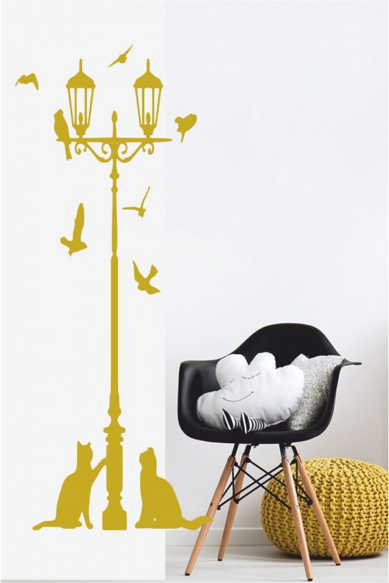 Sokak Lambası Kuşlar Ve Kediler Duvar Sticker - Home Sticker - Duvar Sticker 115x50