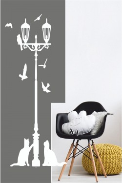 Sokak Lambası Kuşlar Ve Kediler Duvar Sticker - Home Sticker - Duvar Sticker 115x50