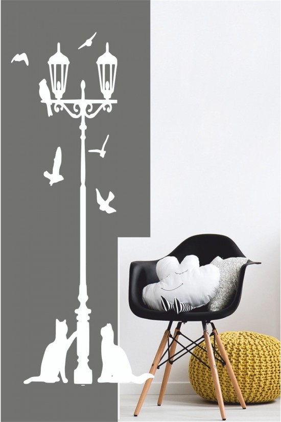 Sokak Lambası Kuşlar Ve Kediler Duvar Sticker - Home Sticker - Duvar Sticker 115x50