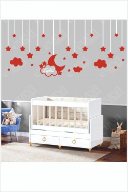 Bebek Odası Çocuk Odası Sticker 65 Parça Kişiye Özel Isimli Ay Yıldız Bulut Sticker