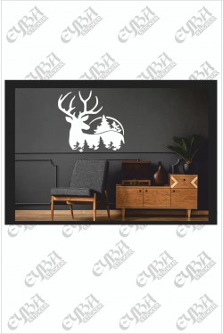 Geyik Çam Doğa Yılbaşı Süslemesi -duvar Dekorasyon Sticker 73x69cm Beyaz Renk