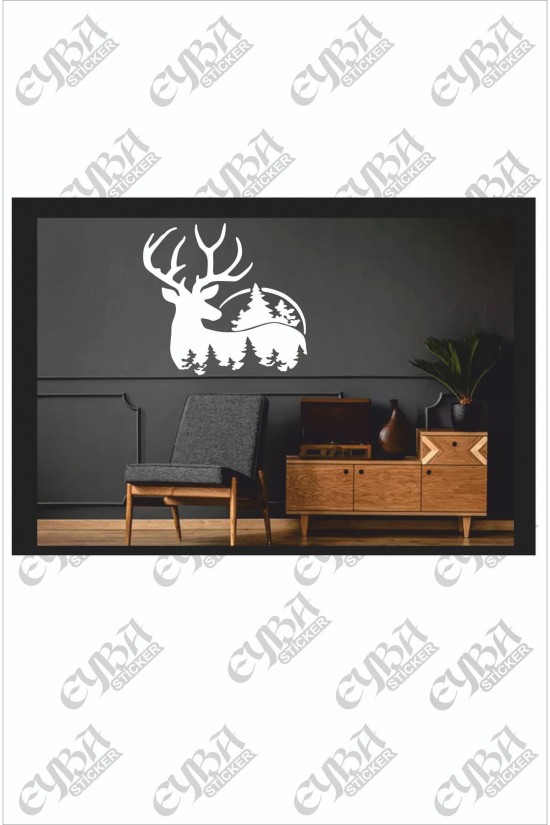 Geyik Çam Doğa Yılbaşı Süslemesi -duvar Dekorasyon Sticker 73x69cm Beyaz Renk