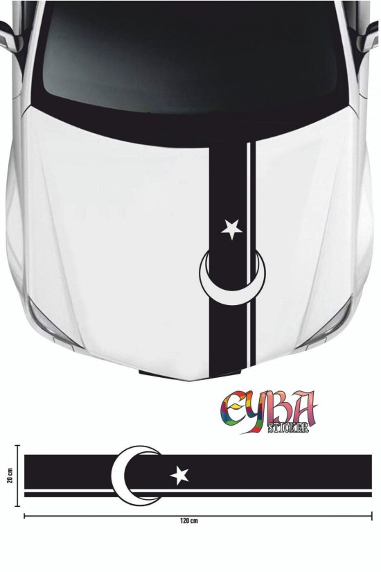 Sticker Ön Kaput Ay Yıldız Şerit Sticker - Oto Sticker 118x20cm