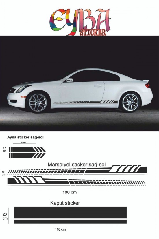 Marşpiyel,kaput,yan Ayna Oto Sticker - Araba Sticker - 5 Parça- 180x10 Cm,118x20cm,20x2,5cm Sport2