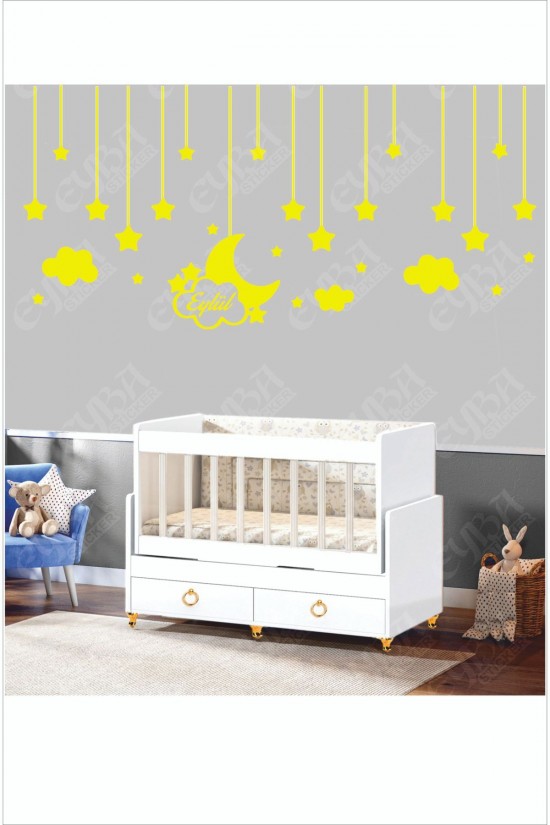 Bebek Odası Çocuk Odası Sticker 65 Parça Kişiye Özel Isimli Ay Yıldız Bulut Sticker