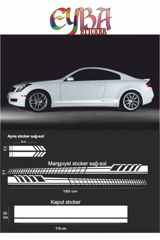 Marşpiyel,kaput,yan Ayna Oto Sticker - Araba Sticker - 5 Parça- 180x10 Cm,118x20cm,20x2,5cm Sport2