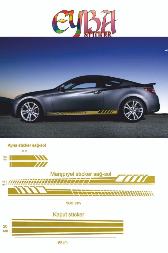 Marşpiyel,kaput,yan Ayna Oto Sticker - Araba Sticker - 5 Parça- 180x10 Cm,90x20cm,20x2,5cm Sport1