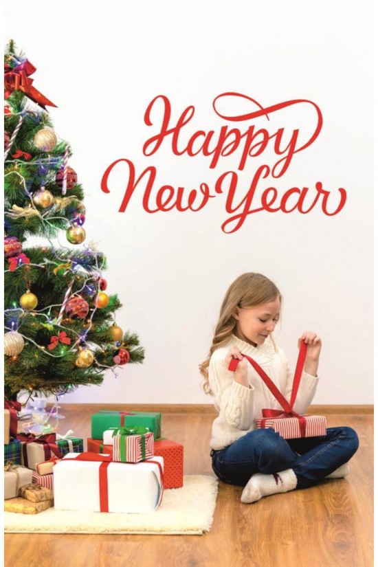 Happy New Year Temalı Vitrin Cam Sticker Dekorasyon 90 X 50 Model 3 Kırmızı