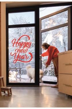 Happy New Year Temalı Vitrin Cam Sticker Dekorasyon 50 X 70 Kırmızı
