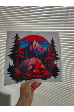 kamp karavan kamp ateşi MANZARA RENKLİ BASKI STİCKER 30 CM BASKES