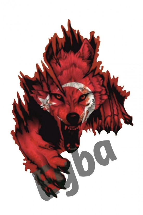Türk Bayrağı SOL YÖN Kurt Bozkurt Boz Kurt Sticker 26x18 Cm 00244 RENKLİ BASKI