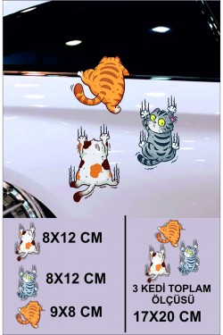 3d Sticker 3lü Çizen Kediler Oto Sticker, Motorsiklet, Kask, Laptop Sticker 17x20 Cm Oto Aksesuar