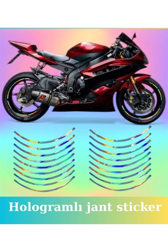 Hologramlı jant sticker 2 tekerin sağ ve sol yanına yetecek kadar miktardadır.; Bir tanesi 1 cm kalınlığında - 34 cm uzunluğundadır.; 4 tanesi bir jantın tek yönünü kaplamaktadır.; 43 cm çapında bir daire oluşmaktadır.;