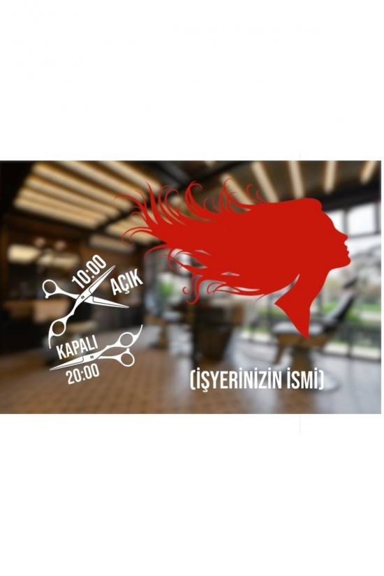 Kuaföraçık Kapalı Işyeri Cam Sticker Güzel Kadın Makas Kesim Saç Berber Sticker