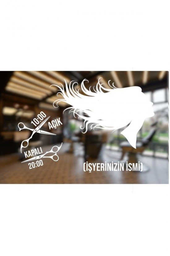 Kuaföraçık Kapalı Işyeri Cam Sticker Güzel Kadın Makas Kesim Saç Berber Sticker