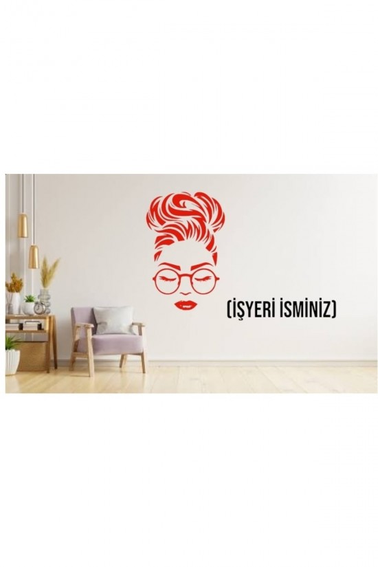 Gözlüklü Topuz Saç Kuaför Güzel Kadın Gözlüklü Isimli Işyeri Cam Sticker Güzel Kadın Makas Sticker